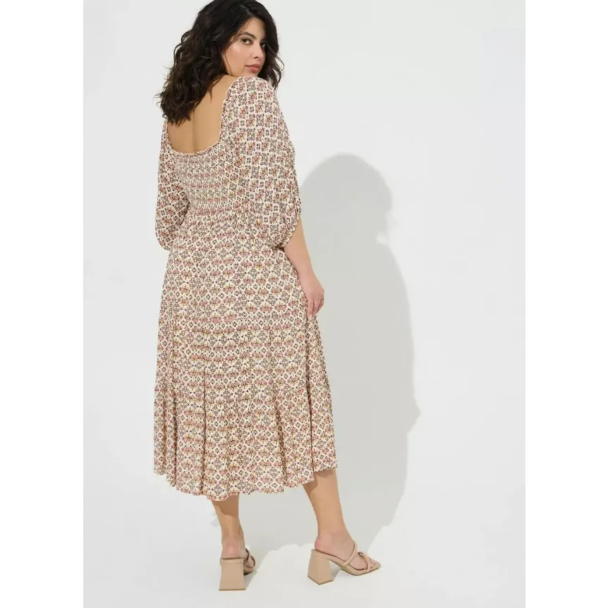 Torrid Floral Midi Gauze Off The Shoulder Tiered Dress in Pristine - Image 3