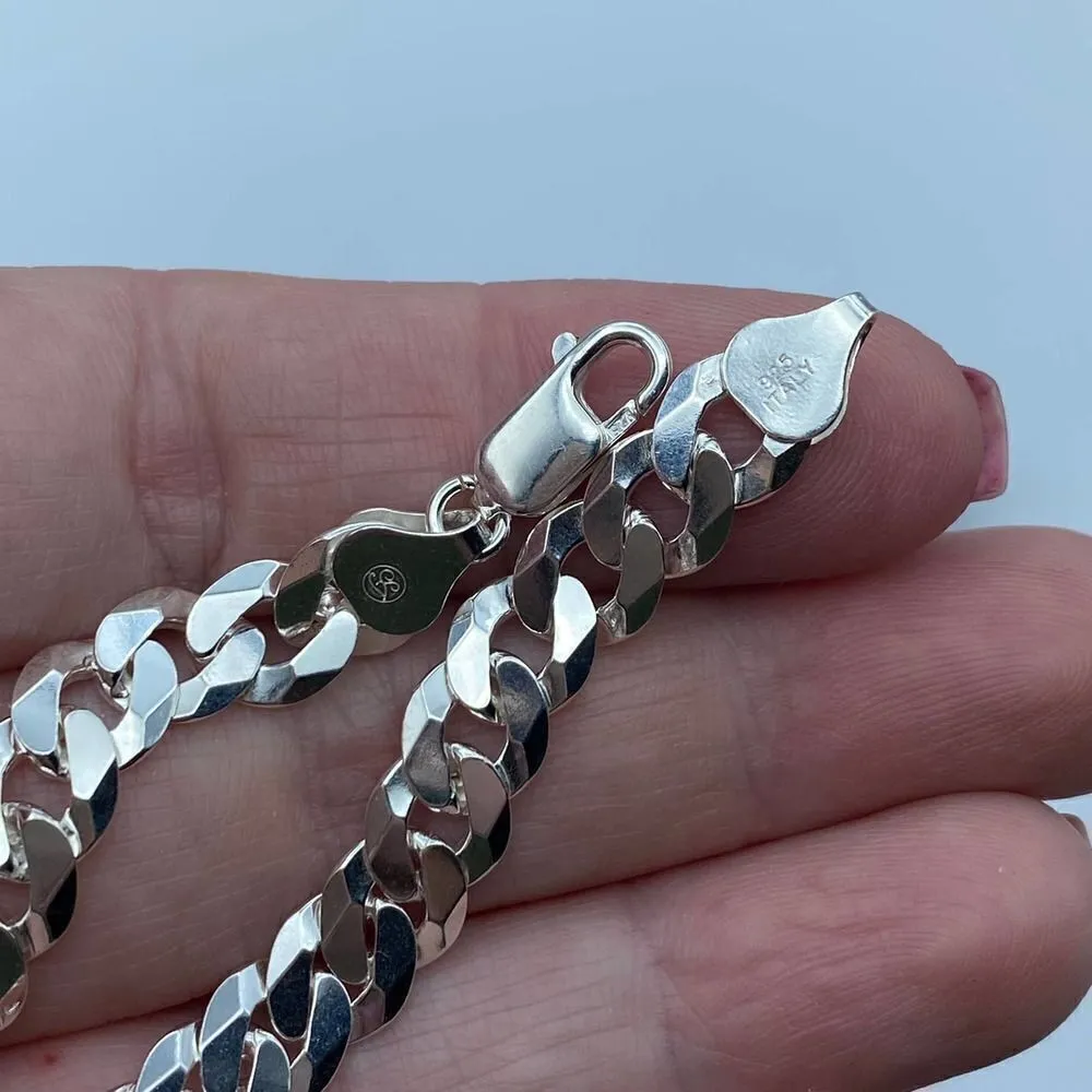 Pave Flat Curb Link Sterling Silver Bracelet 8" unisex Silver - Image 4
