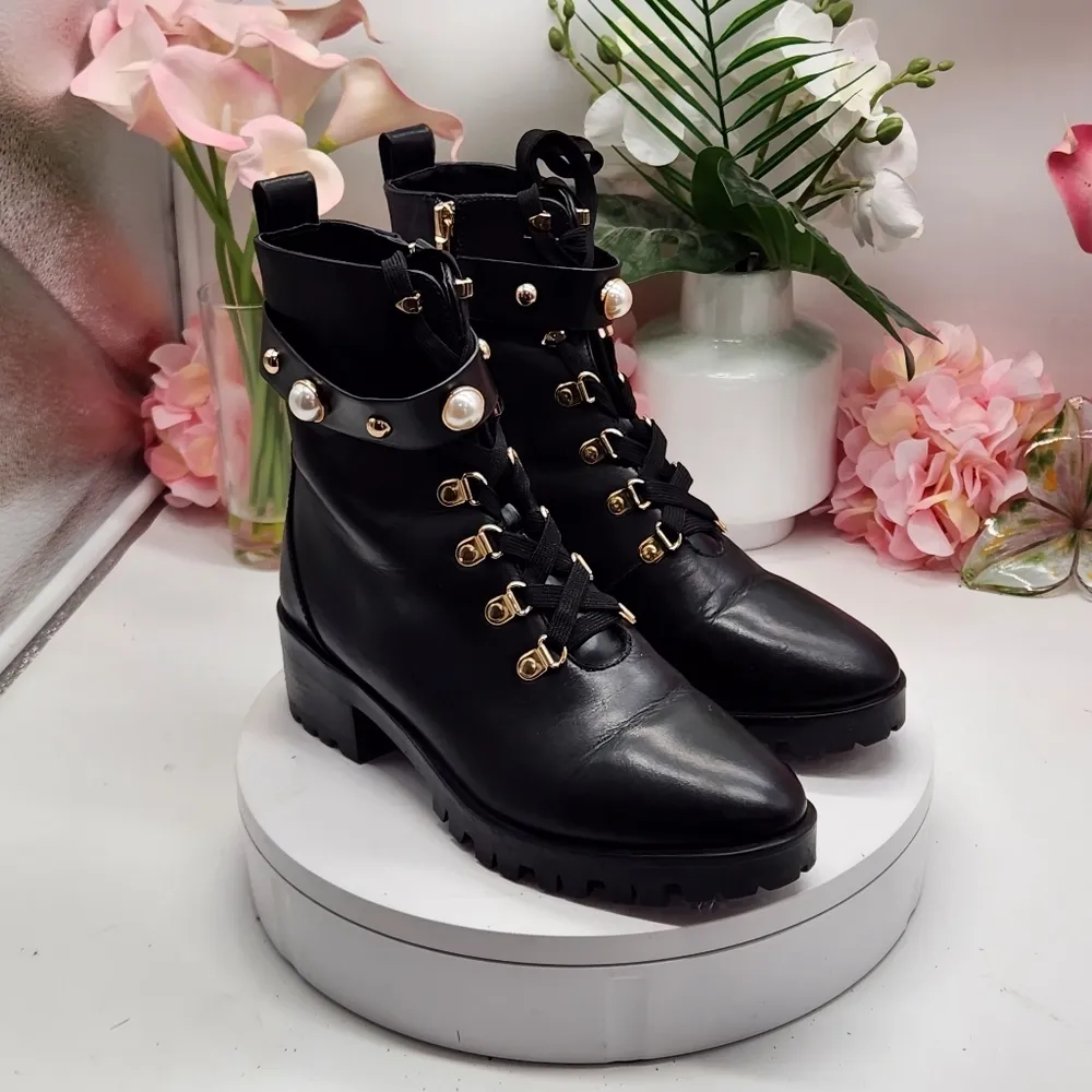 Karl Lagerfeld Lace-up Combat Boots Gold & Pearl Studded Sz 9.5M - Image 11