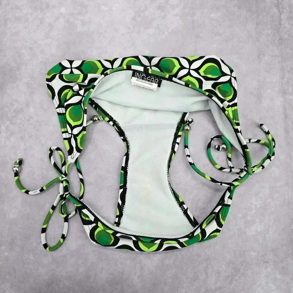 Ingear Green Black White‎ Floral Geometric Tie Bikini Bottom Swimwear Medium - Image 6