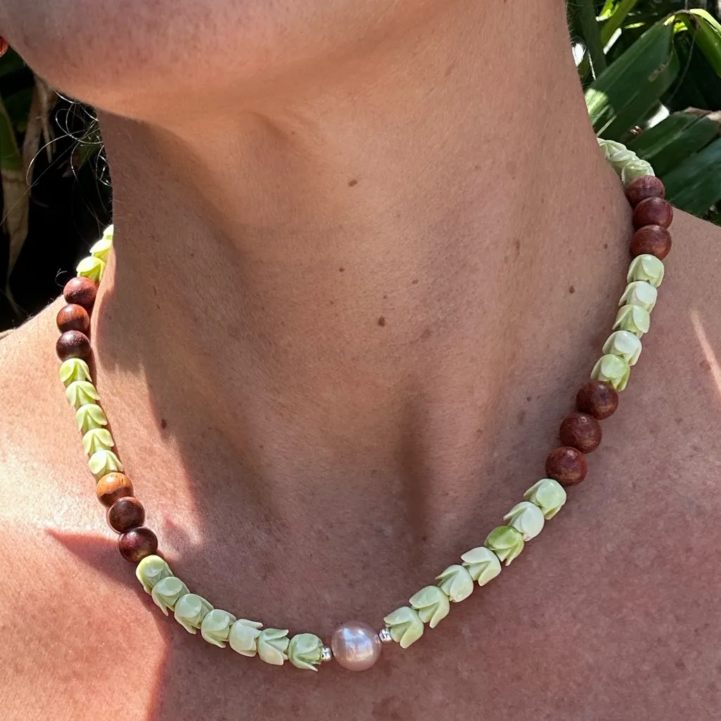 Pakalana & ‘Iliahi Necklace Edison Pearl Earrings Bracelet Set Sterling Silver Green - Image 2