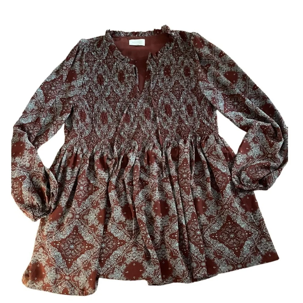 MelloDay Burgundy Peasant Long Sleeve Tunic Dress H - Image 2