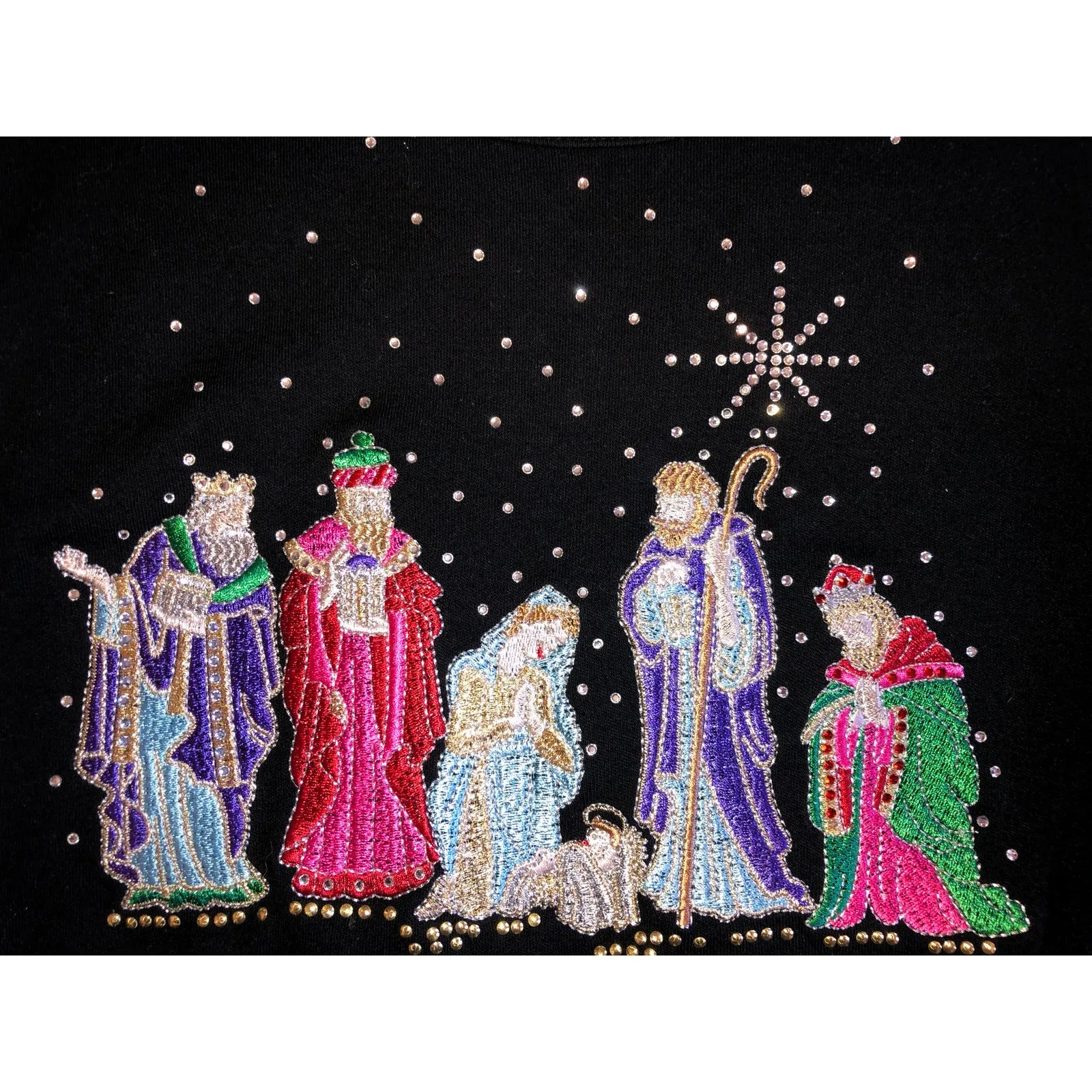 Quacker Factory Embroidered Top Size L Nativity Scene Christmas Black Crystals - Image 2