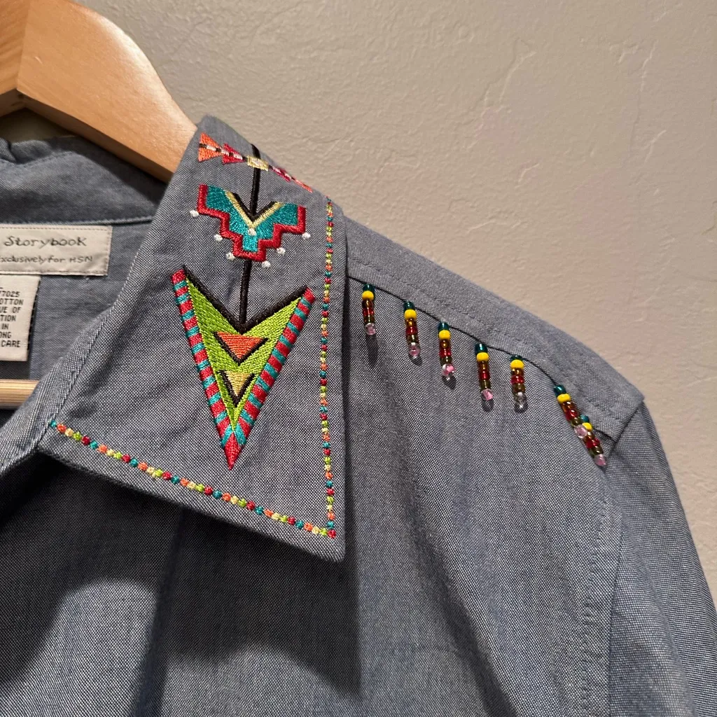 Vintage Storybook Chambray Blue Button Up Shirt Aztec Native American Bead Large - Image 5