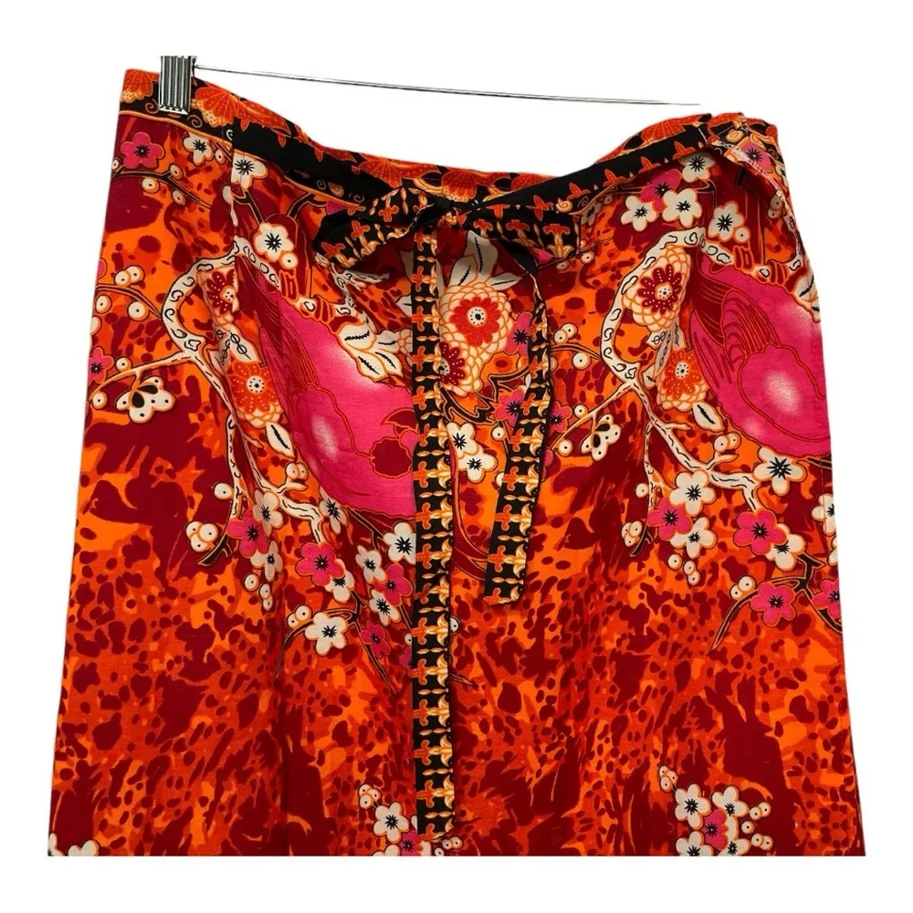 Handmade Floral and Bird Wrap Skirt. Colors orange, pink, black and cream. Orange Size undefined - Image 3