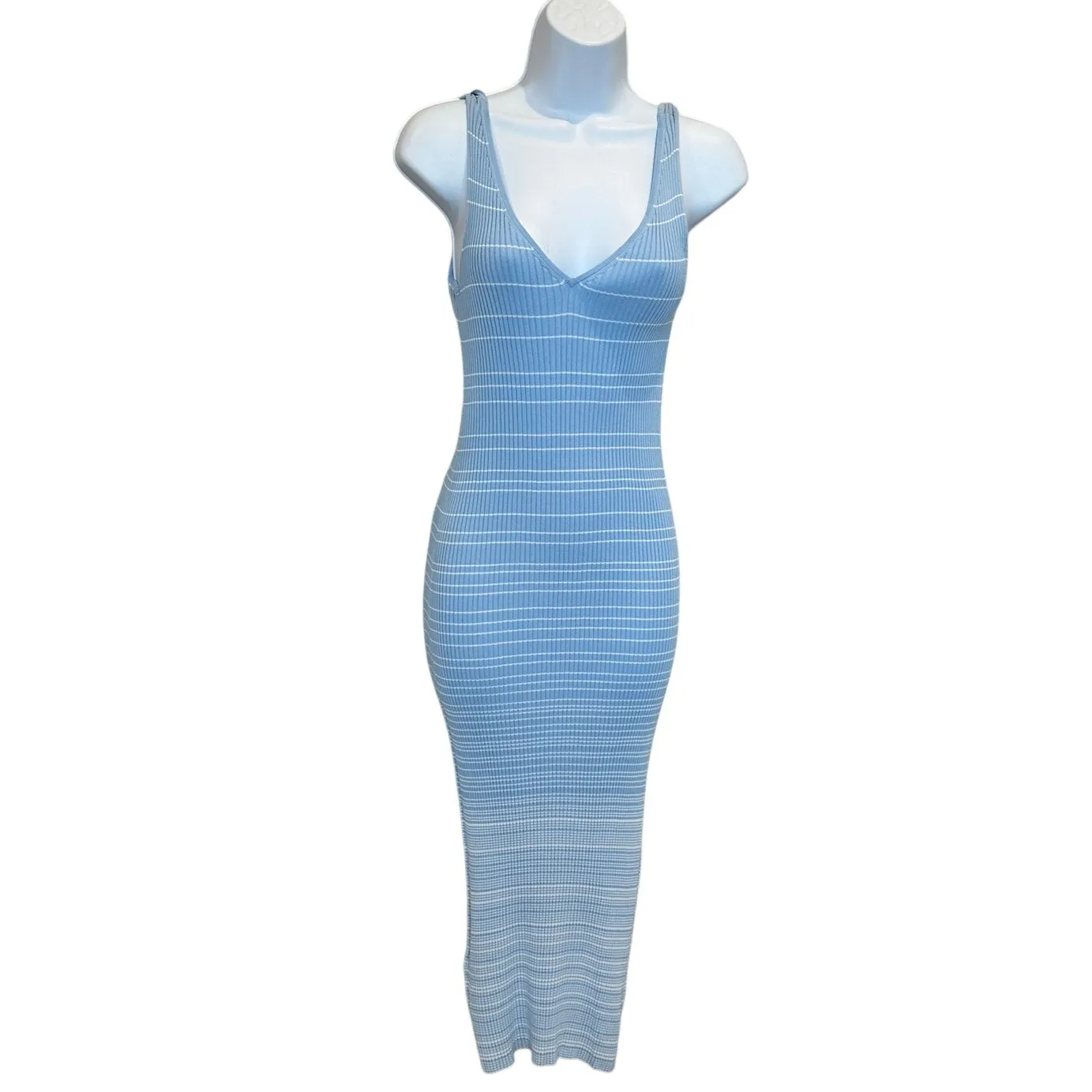Staud Blue White Striped Ribbed Knit Midi Dress XS Bodycon Tank Designer $200 - Image 8