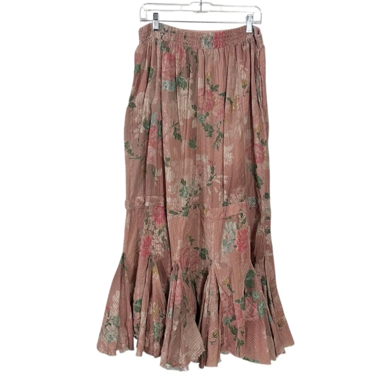 Free People XL Ethereal Dainty Cottage Bordeaux Floral Ruffle Maxi Skirt - Image 9