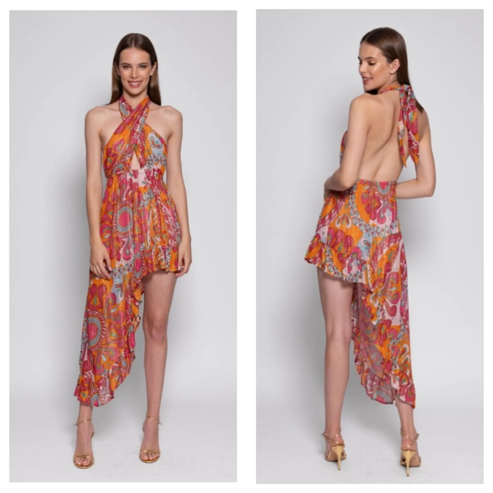 Sundress Amina Dress Size Large Fuchsia orange Print Halter Neck Asymmetric Hem - Image 15