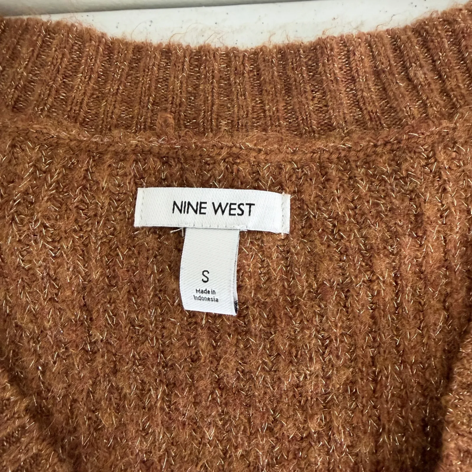 Metallic Sparkle Knit V Neck Long Sleeve Sweater Brown Womens Small Minimalist - Image 7