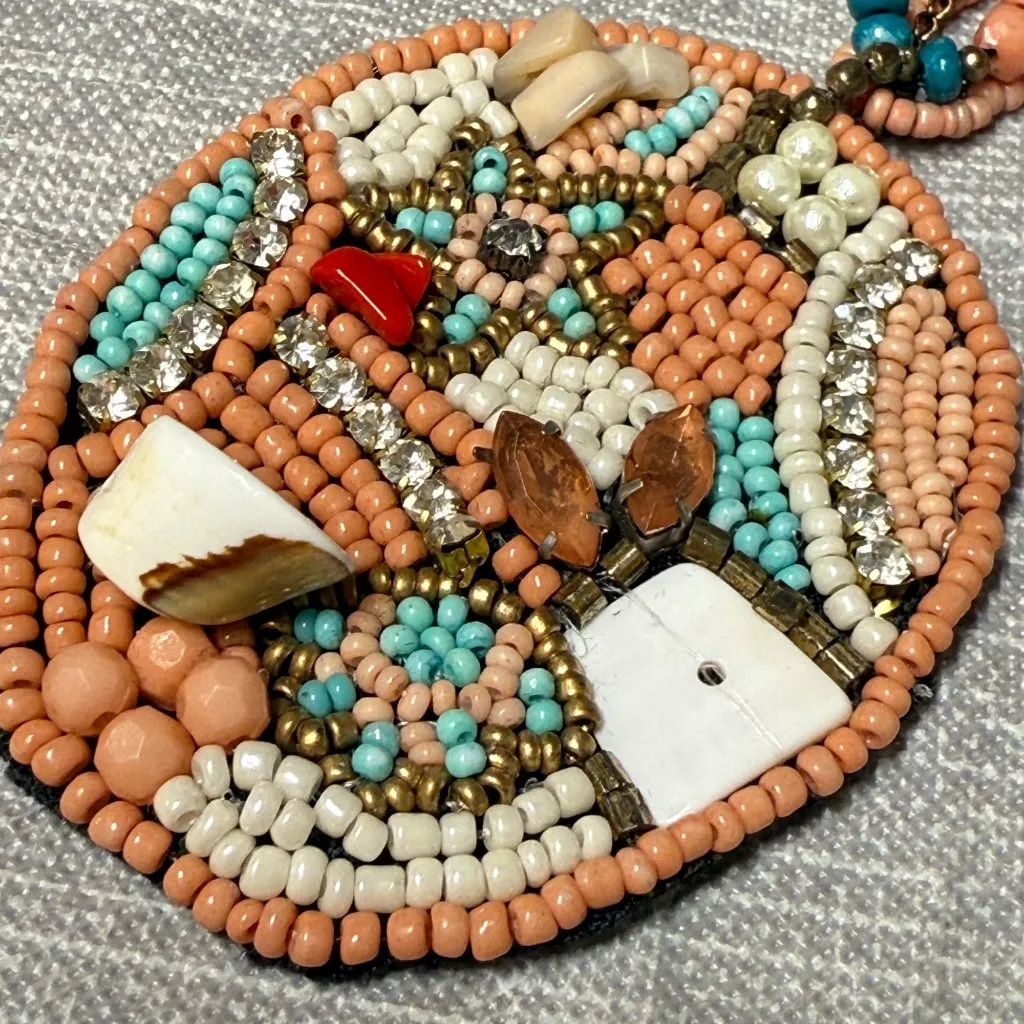Beaded Multicolor Pendant Necklace Coral Turquoise Gold Colors Shell Accents - Image 16