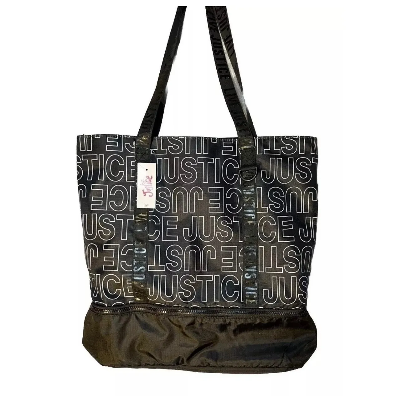 Justice Tote Bag Black White Logo Print Bottom Zip Compartment Travel New - Image 3