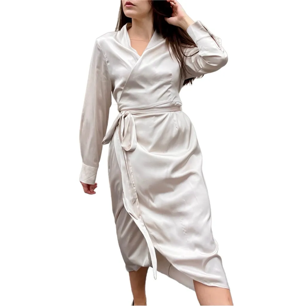 Never Fully Dressed by ASOS Champagne Satin Midi Wrap Shirt Dress Size 8 Gold - Image 2