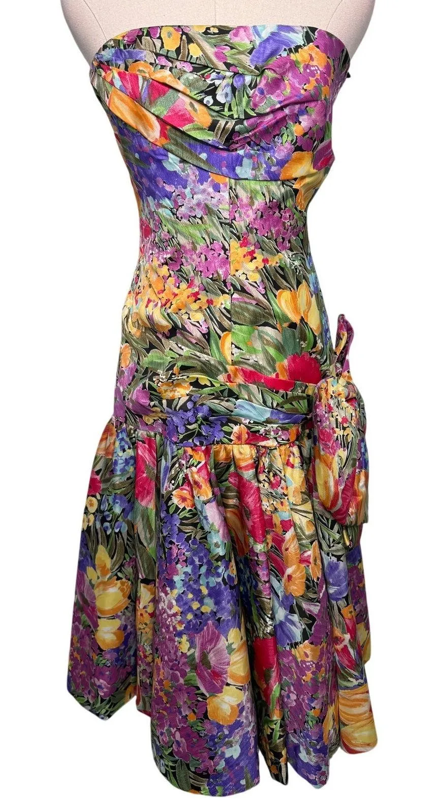 Victor Costa vintage 80s floral drop bow waist strapless party dress size 2 XS Purple - Image 1