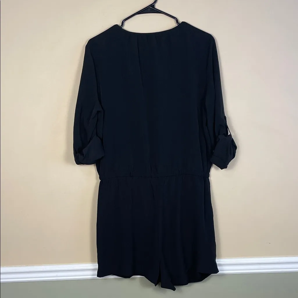 LOFT Women’s Black Pleated Button-Up Rolled-Sleeve Classy Minimalist Romper - Image 8