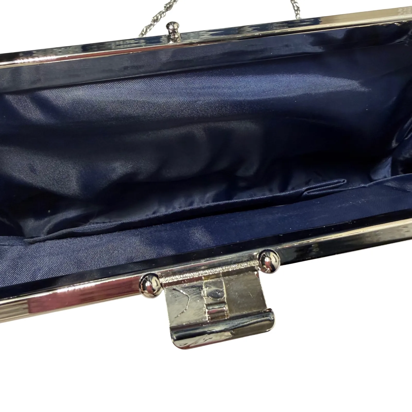 Vtg Gunne Sax by Jessica McClintock Satin Evening Clutch Navy Blue Chain Strap - Image 8