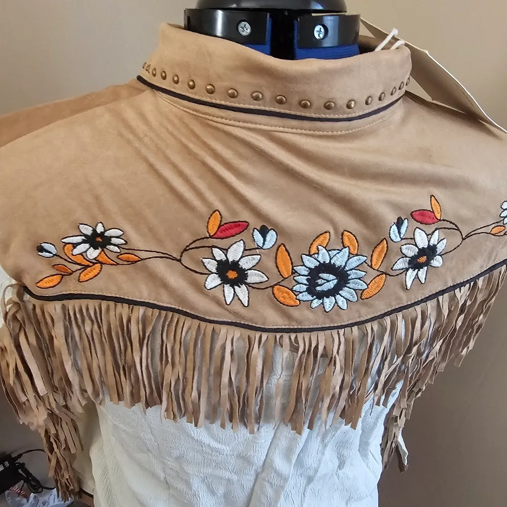 John Moon Embroidered Western Boho Button Down Fringe Tassel Shirt White Size M - Image 4