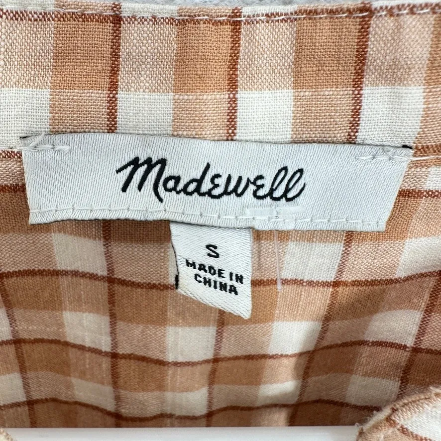 Madewell Brown Gingham Plaid Tunic Top Short Sleeve V Neck Women Size S - Image 6