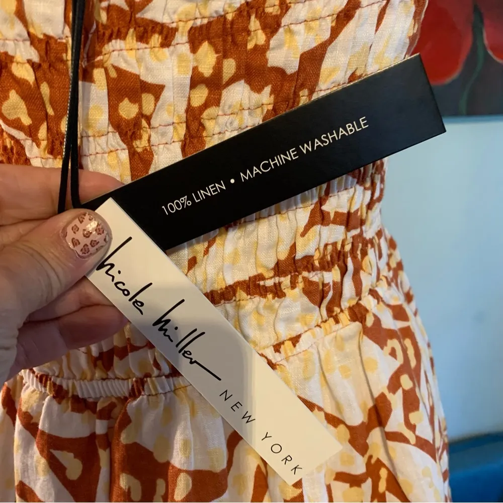 NWT New Nicole Miller 100% Linen Smocked Bodice Dress Tie Strap Floral M Medium - Image 5