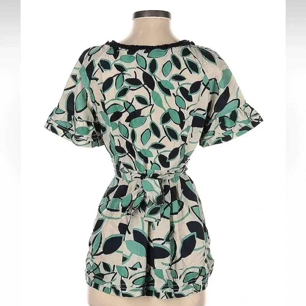 BCBGMaxAzria Y2K 100% Silk Green Leaf Print Belt Sash Shirt Top Bouse Size XS - Image 2