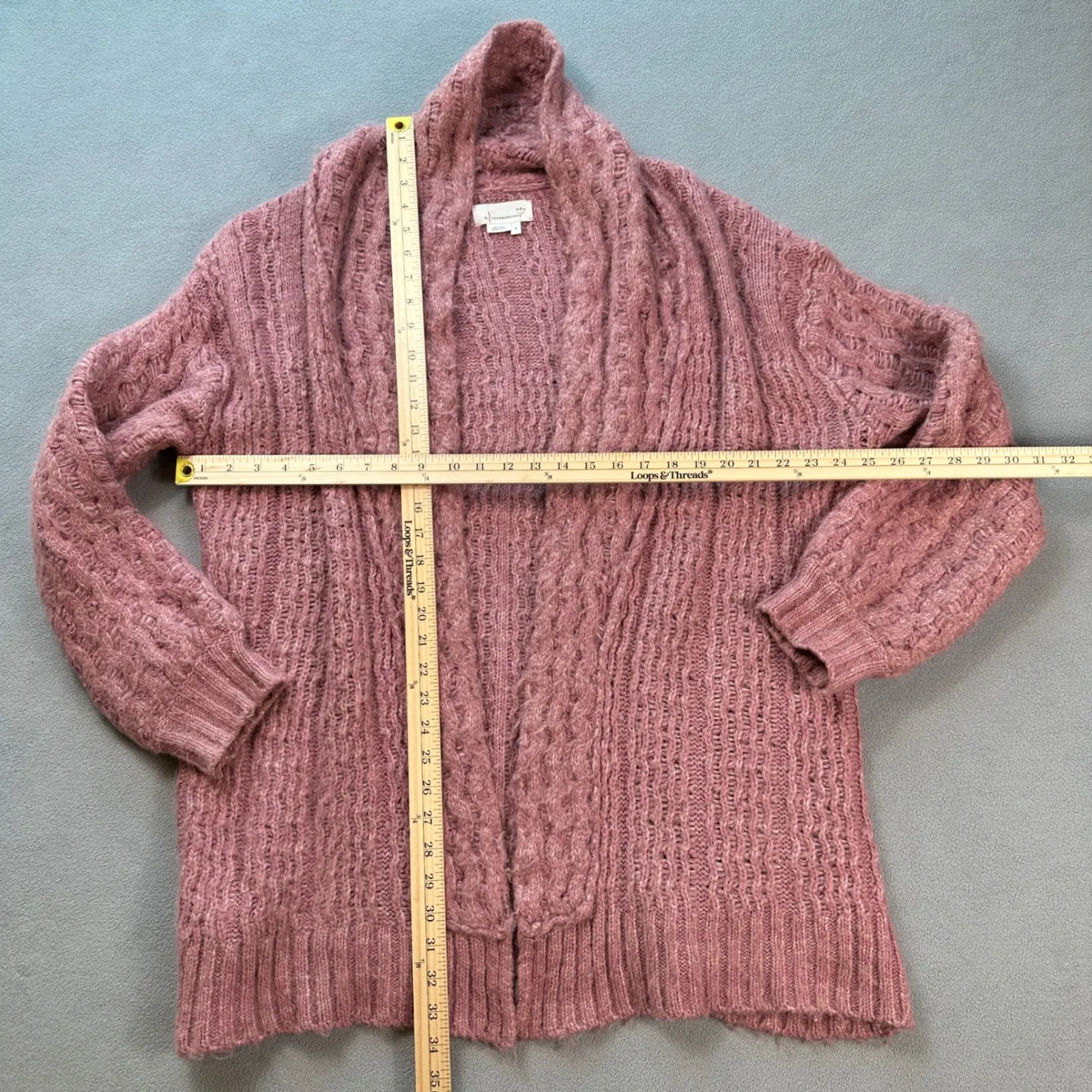 Anthropologie Chunky Cable Knit Shawl Collar Cardigan Sweater Open Dusty Rose M - Image 2