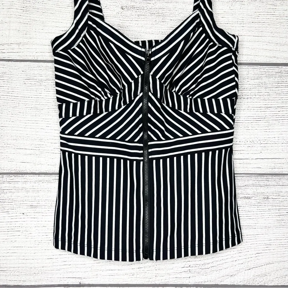 Bebe Black & White Striped Bustier Zip Up Front Tank Top Blouse Size XS - Image 2