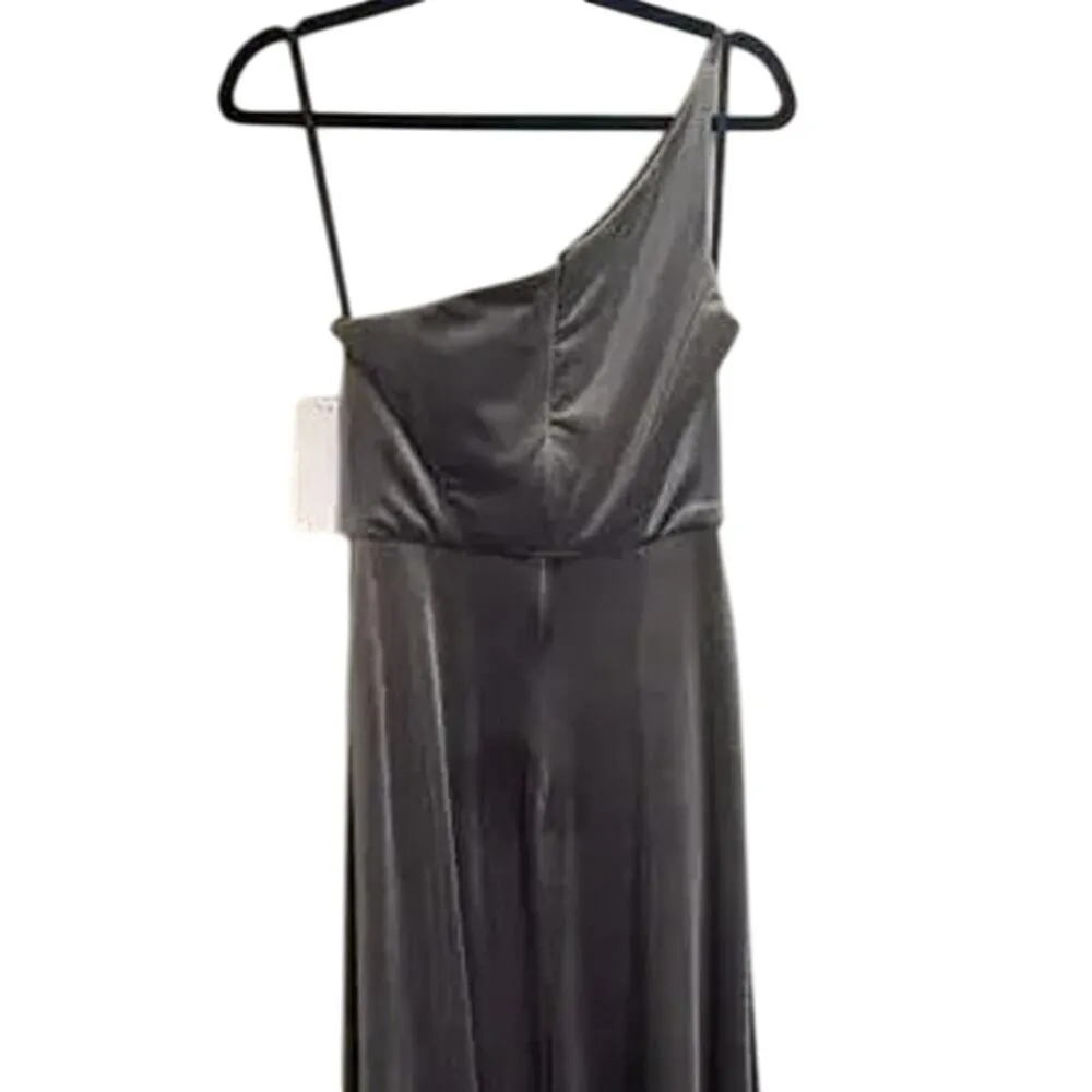 NWT After Six One Shoulder Spaghetti Strap Velvet Maxi Gown Dress 6 Caviar Gray - Image 7