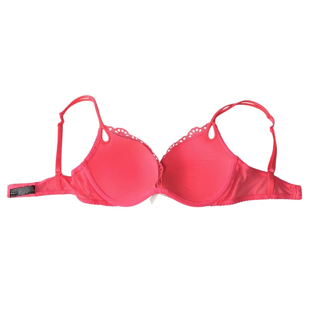 Victoria’s Secret Coral Floral Embroidered Sequin Push Up Bra 32D Bows Neon Pink - Image 3