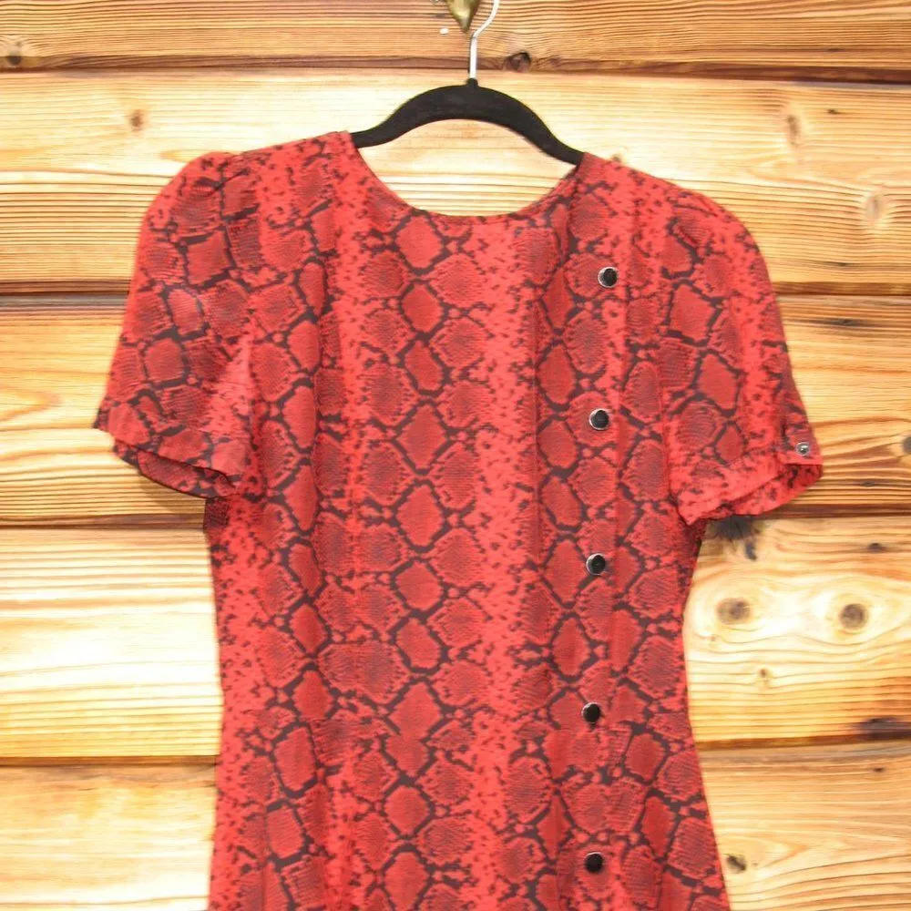 Red Black Python Snake Print Silk Blend Fit and Flare Dress - Image 6