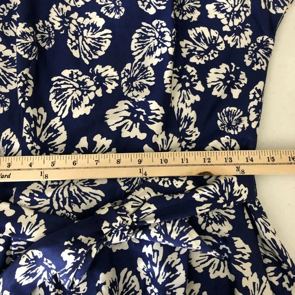 Anne Klein Dress A Line Belted Floral Cotton Blend Short Sleeve Blue White 8 - Image 9