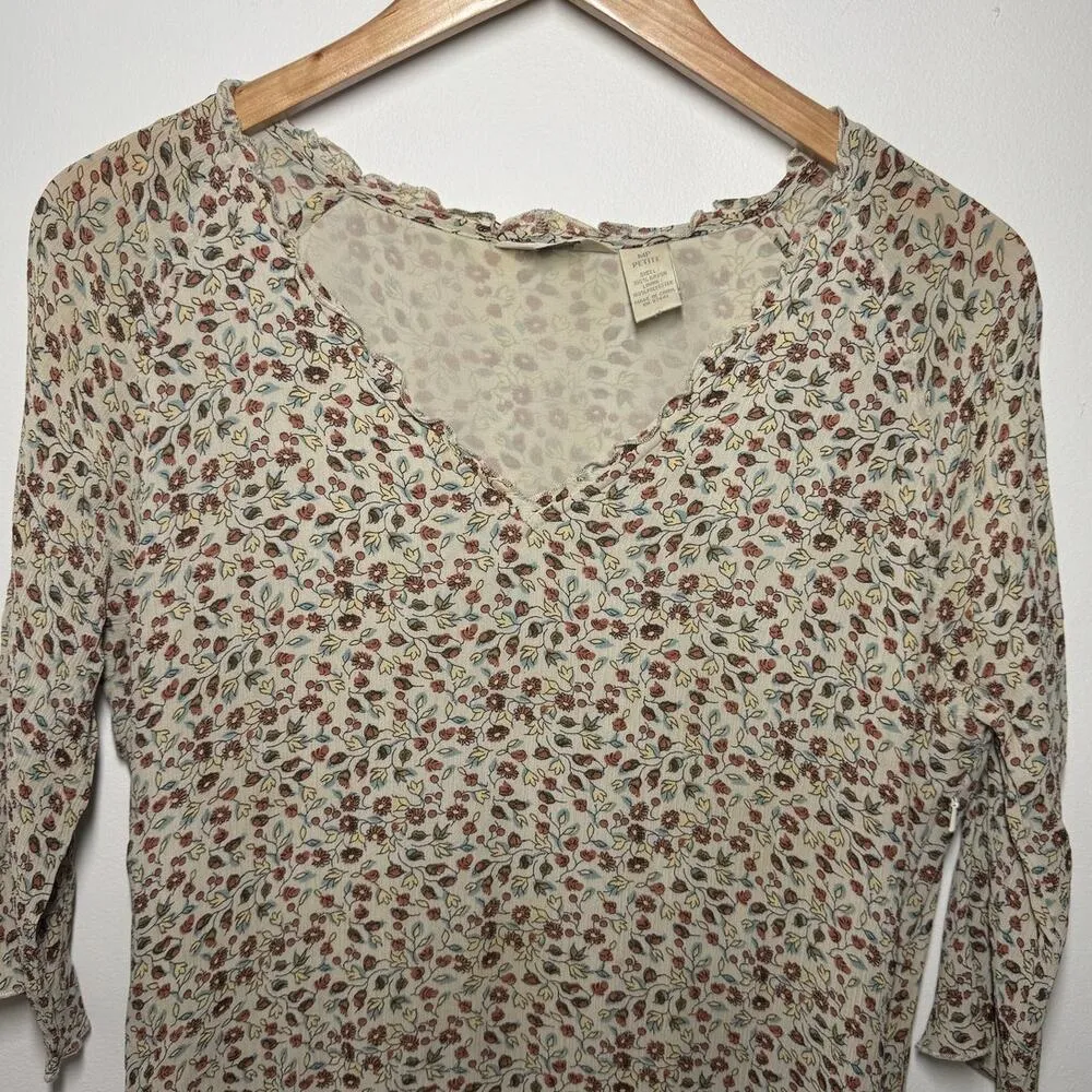 J. Jill Dress Women MP Ditsy Floral V Neck 3/4 Sleeve Lined Ruffle Collar Spring - Image 4