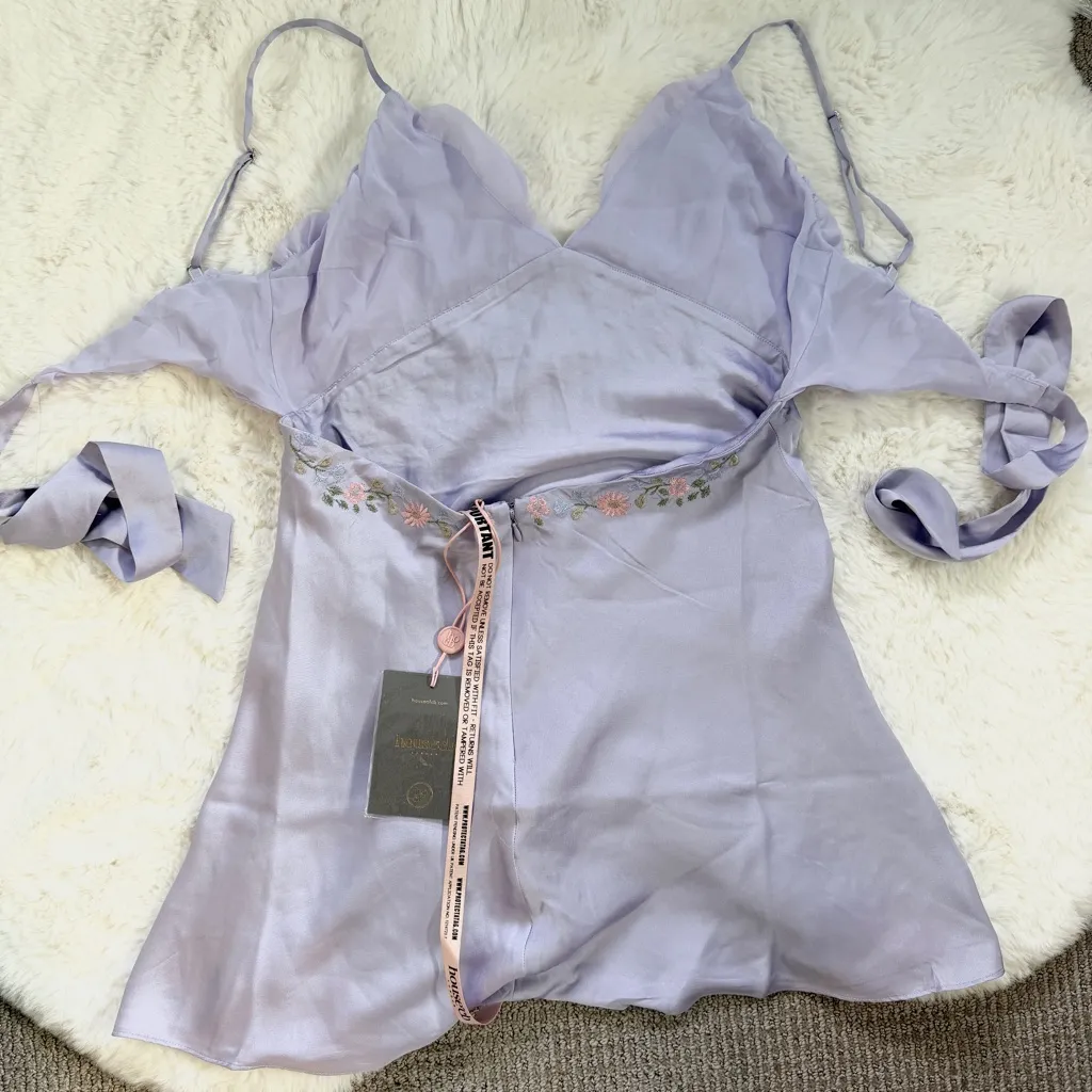 House of CB Embroidered Floral Plunge Satin Tie-Back Mini Dress L - Lavender - Image 5
