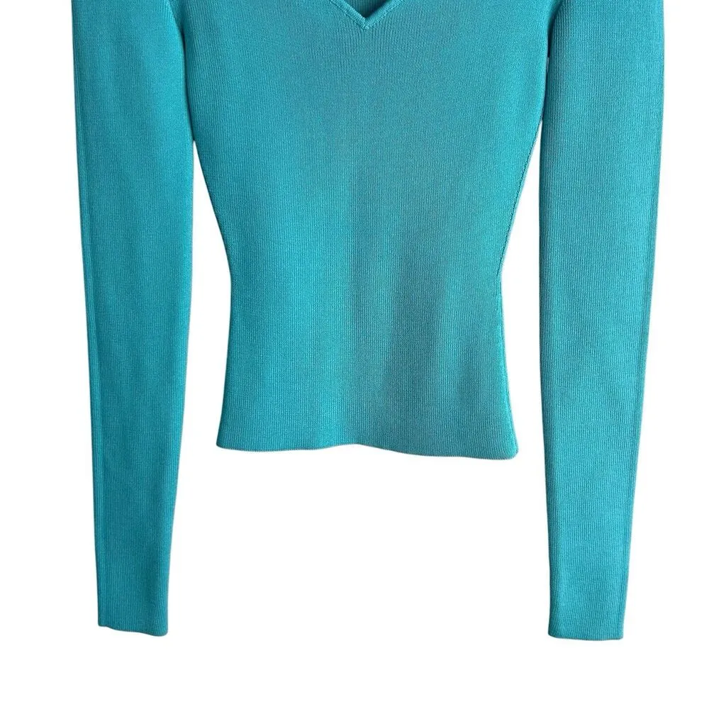 STAUD Clara Knit Top Long Sleeve Small Turquoise Heart Cutout Ribbed Knit NWT - Image 3