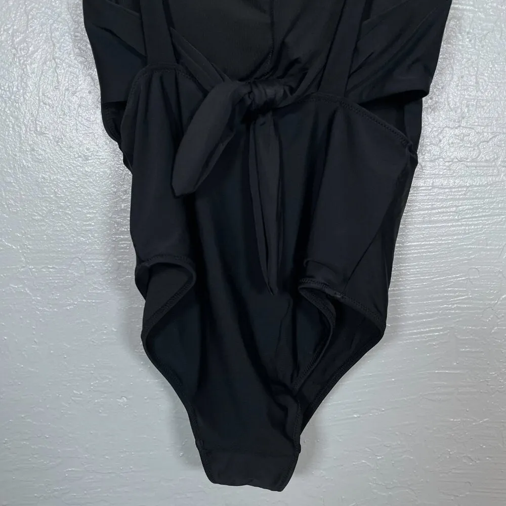 Aerie Women M Black Layered One Piece Swimsuit Bandeau Deep V-Neck Full Coverage - Image 6