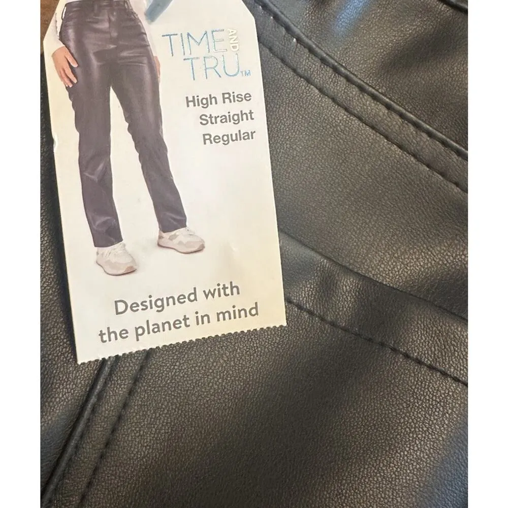 Time and Tru High Rise Straight Leg Black Faux Leather Womens Pants Size 10 - Image 4