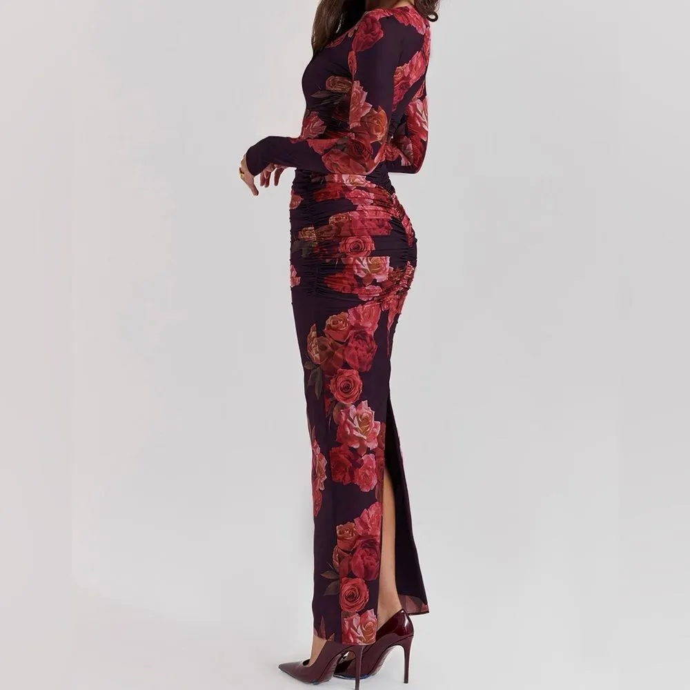 House of CB Ruched Georgette Longsleeve Maxi Dress L - Rose Floral - Image 2