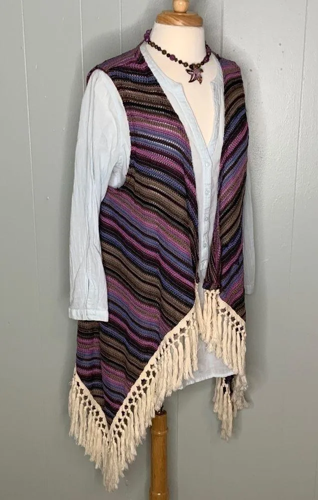 Umgee Purple Multicolor Stripe Crochet Knit Casual Vest Fringe BOHO S/M - Image 3