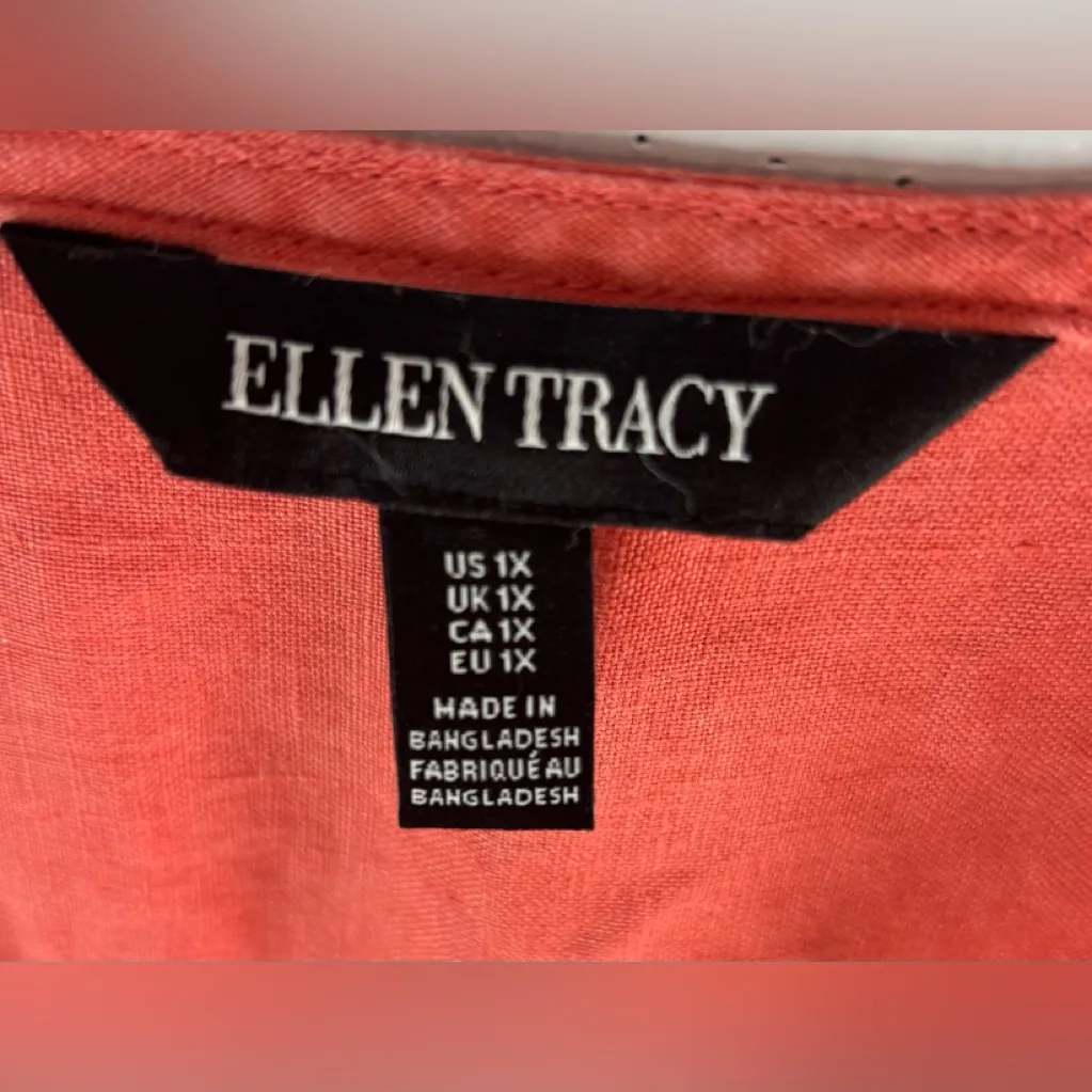 Ellen Tracy 1X Linen Button Up Sleeve Pocketed Tunic Top in Coral - Image 9