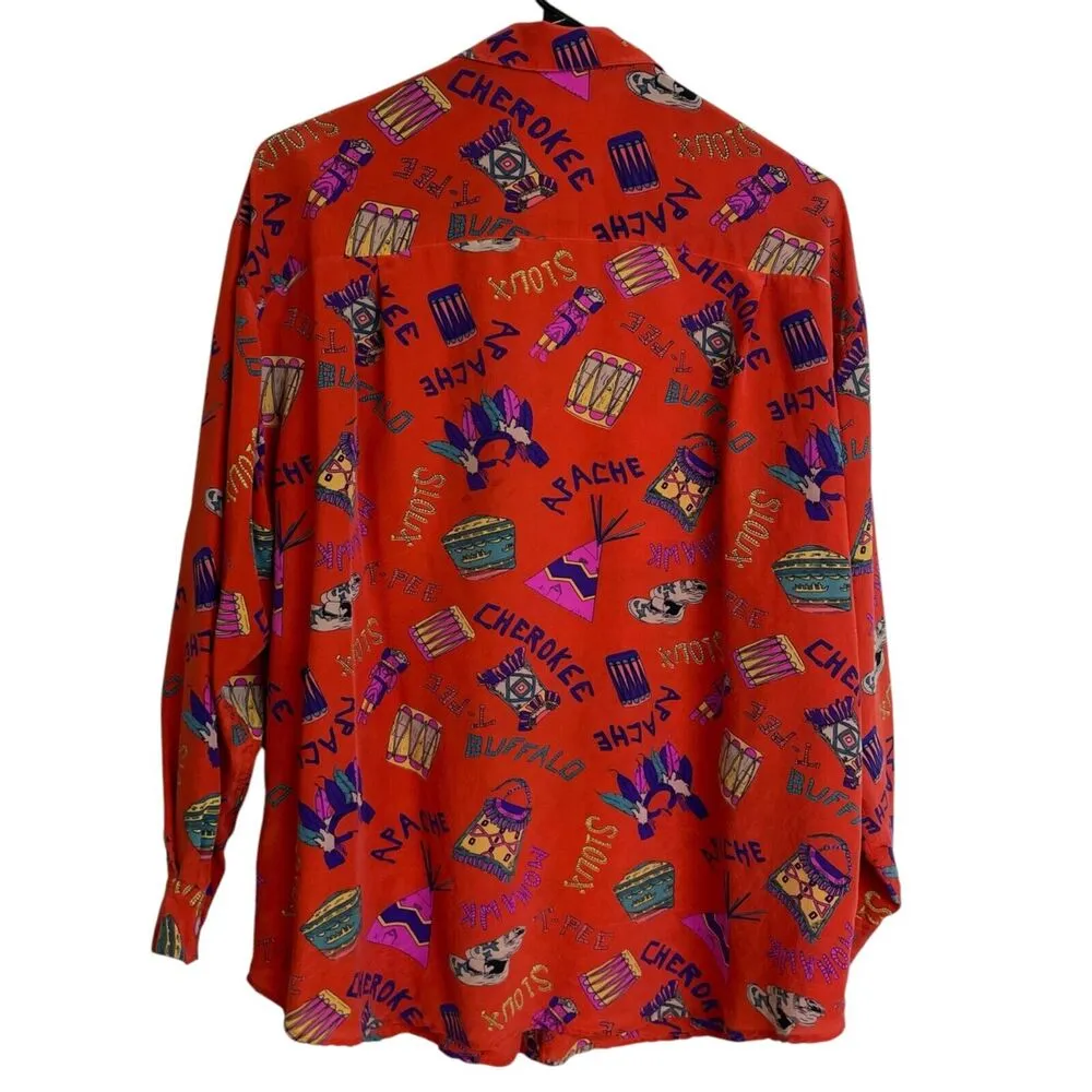 Womens Long Sleeve Silk Shirt Large Red Button Up Tribes Native American Sioux - Image 2