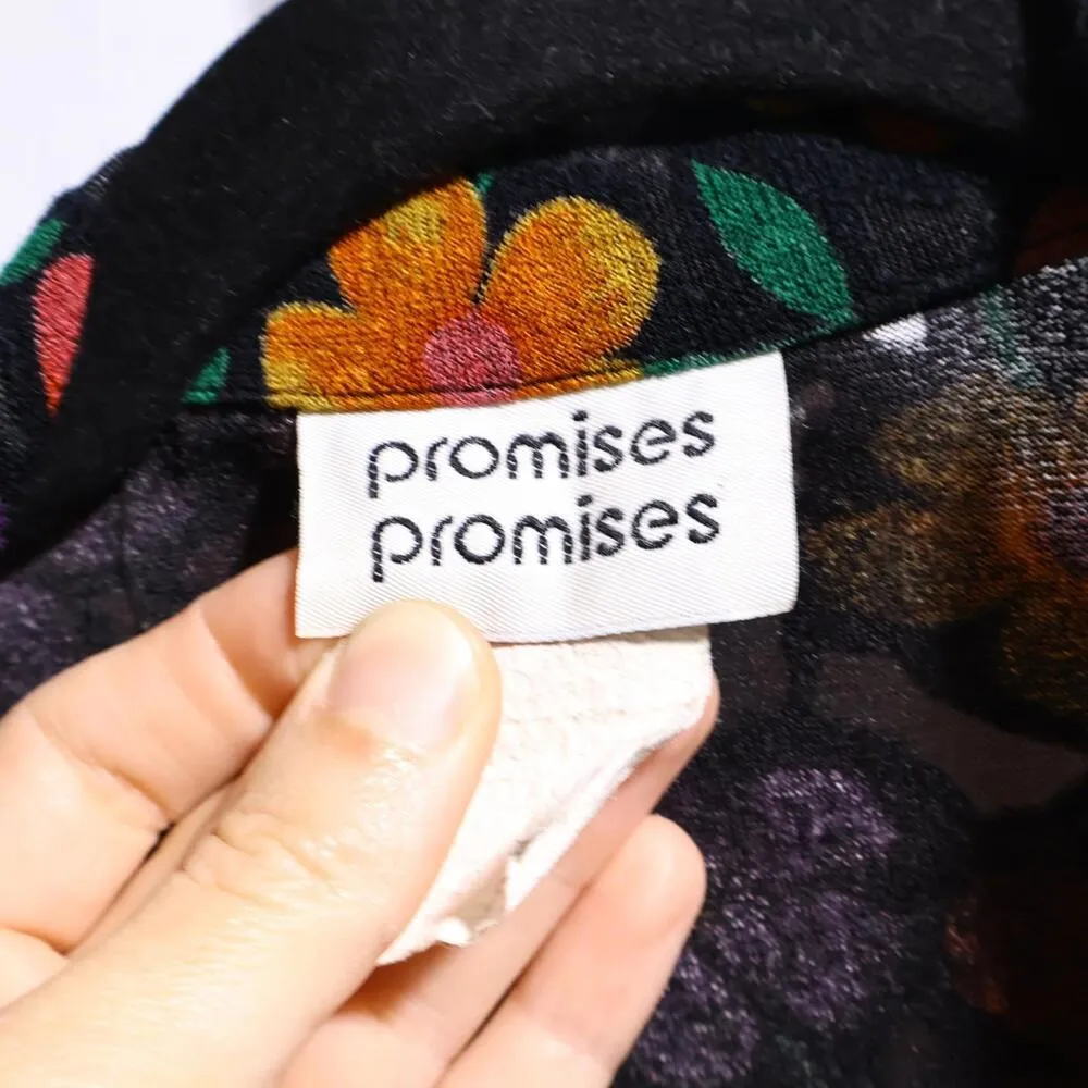 VTG 80 Black Floral Long Open Cardigan Notch Collar Flowers 2XL Whimsigoth Retro Size XXL - Image 6