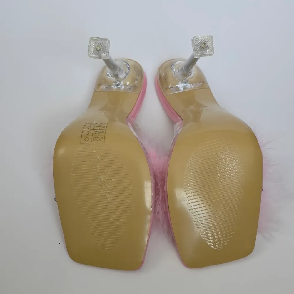 Pink Fluffy Feather PVC Stilletto Mule Heels Size 39 - Image 7