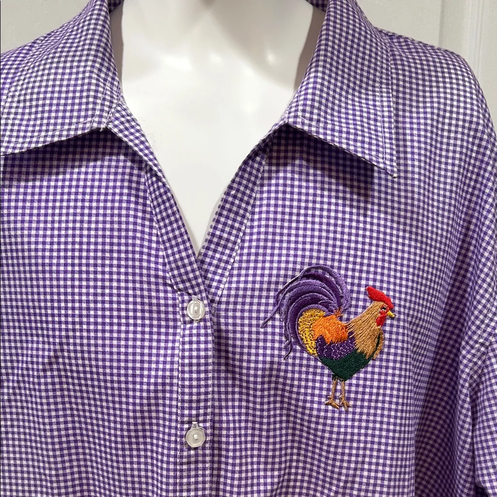 Purple Gingham Button Down Shirt with Rooster Embroidery - Image 2