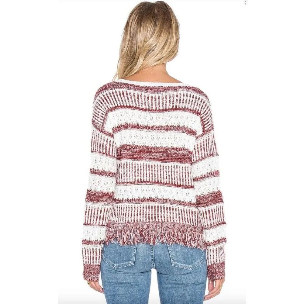 MINKPINK Womens Size XS Sunday Frills Fringe Sweater Top in Maroon & White Boho - Image 2