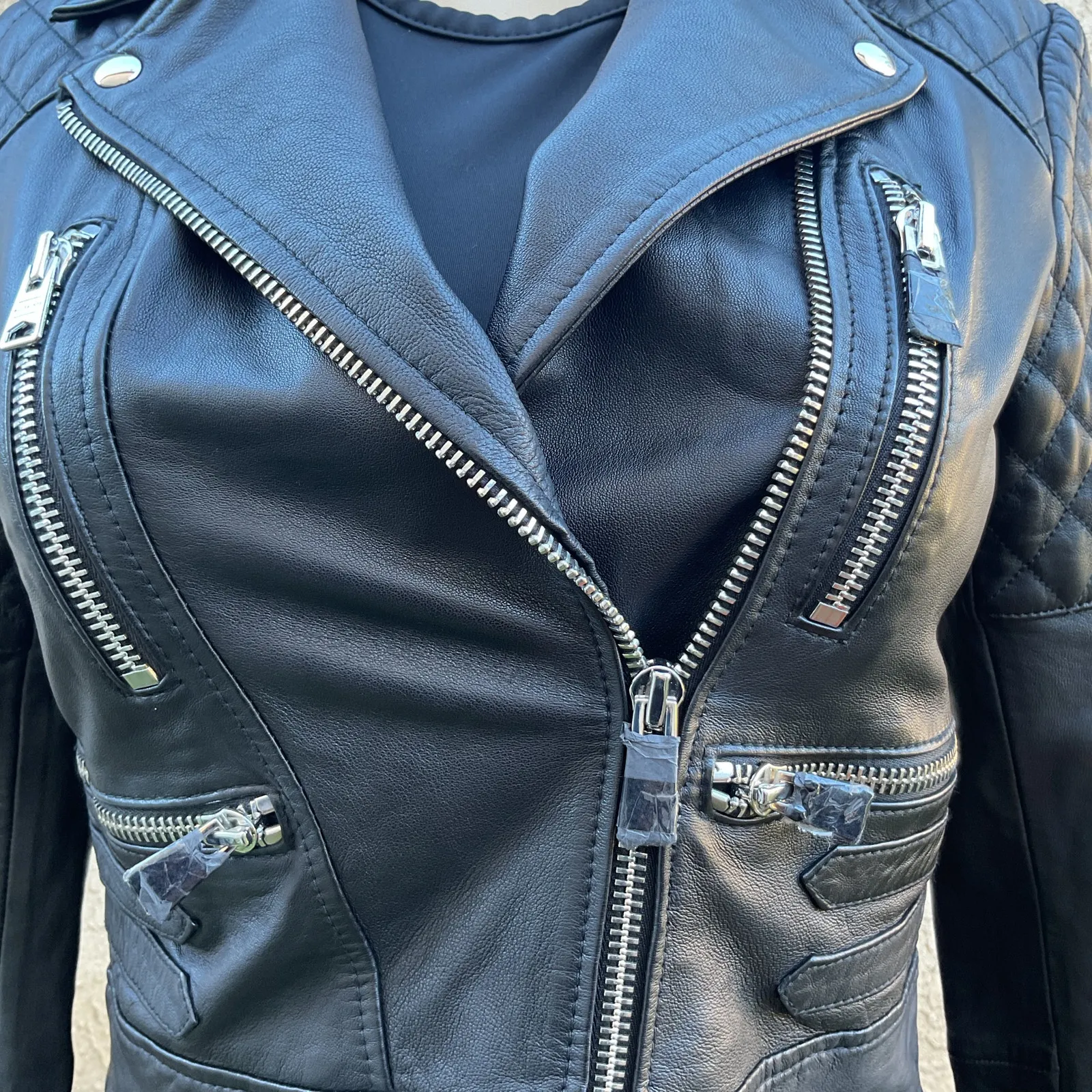 AllSaints Black Leather Moto Biker Jacket NWT Quilted Cropped Women US 2 - Image 6