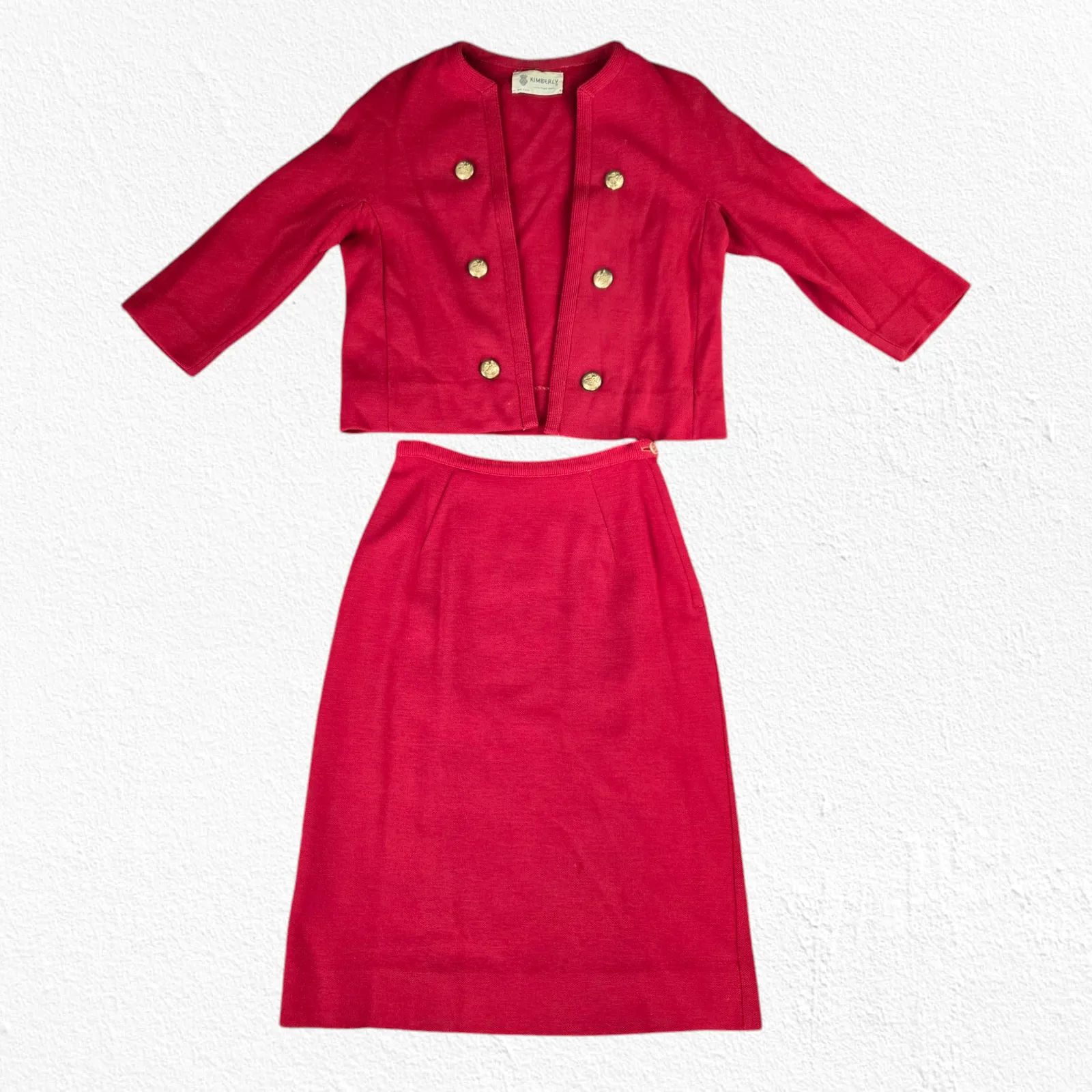 50s Vintage Red Open Front Double Breasted Blazer Pencil Skirt Wool Set Size 2 - Image 2