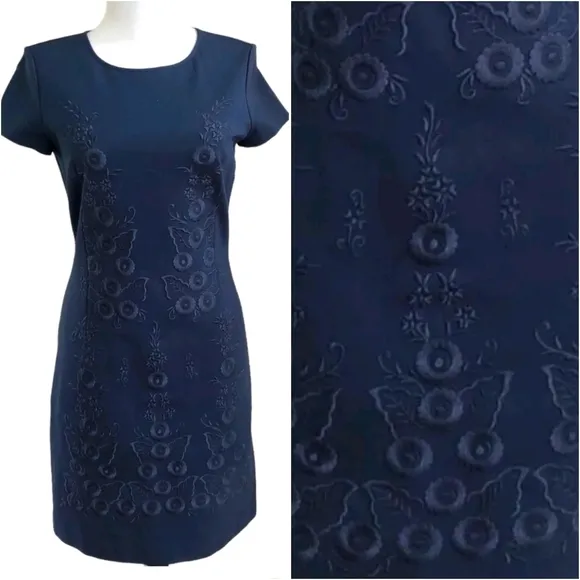 {6} Brooks Brothers Embroidered Floral Shift Dress Deep Navy - Image 2