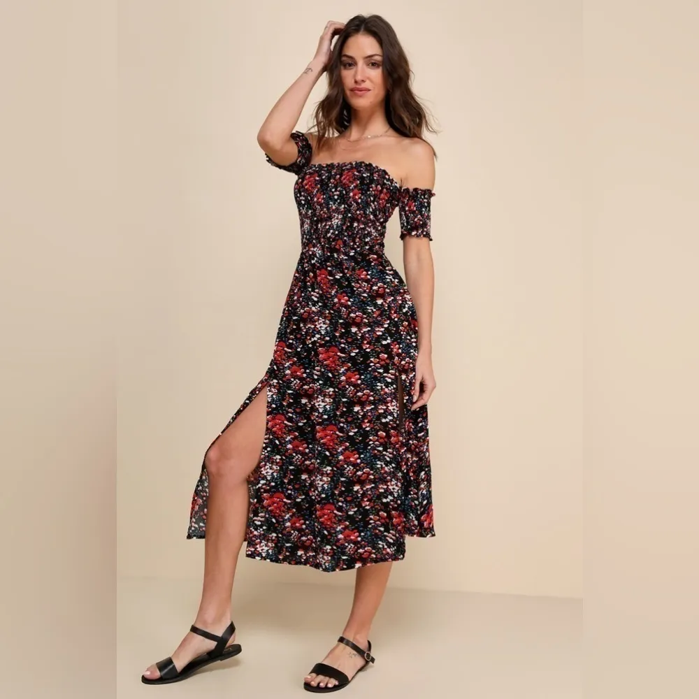 LULU’S View From The Meadow Black Floral Print Off The Shoulder Dress - Image 3