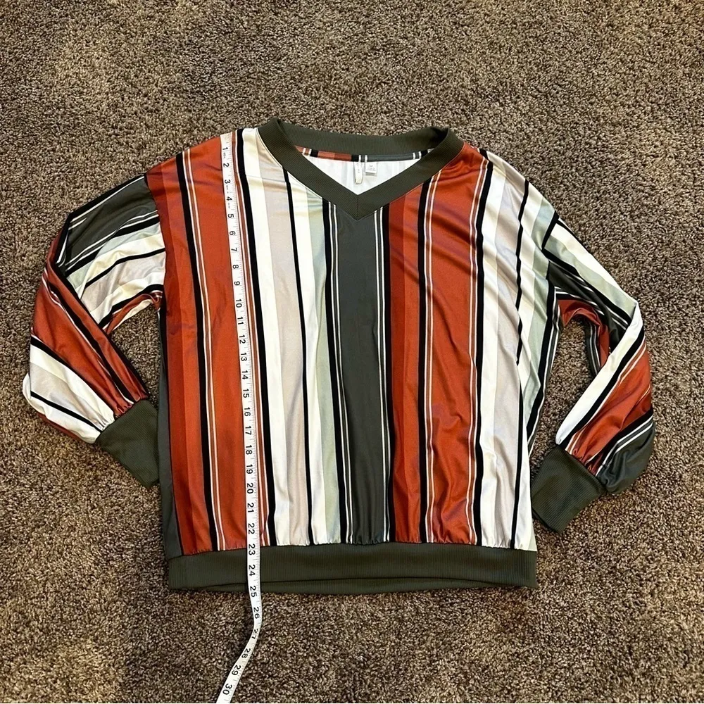 Rust Striped V-neck Polyester Top - Image 6