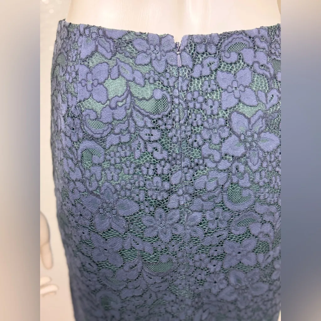 Tory Burch Size 2 Green Navy Lace Pencil Skirt Scalloped Embroidered Floral Slit - Image 3