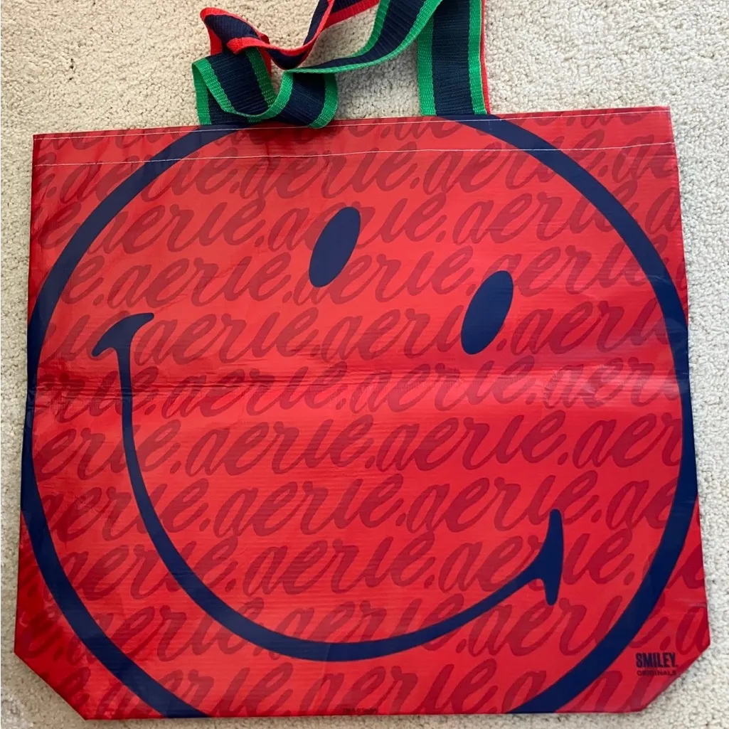 Red/Green Reusable Shopping Tote with Blue Smiley Face - Image 3