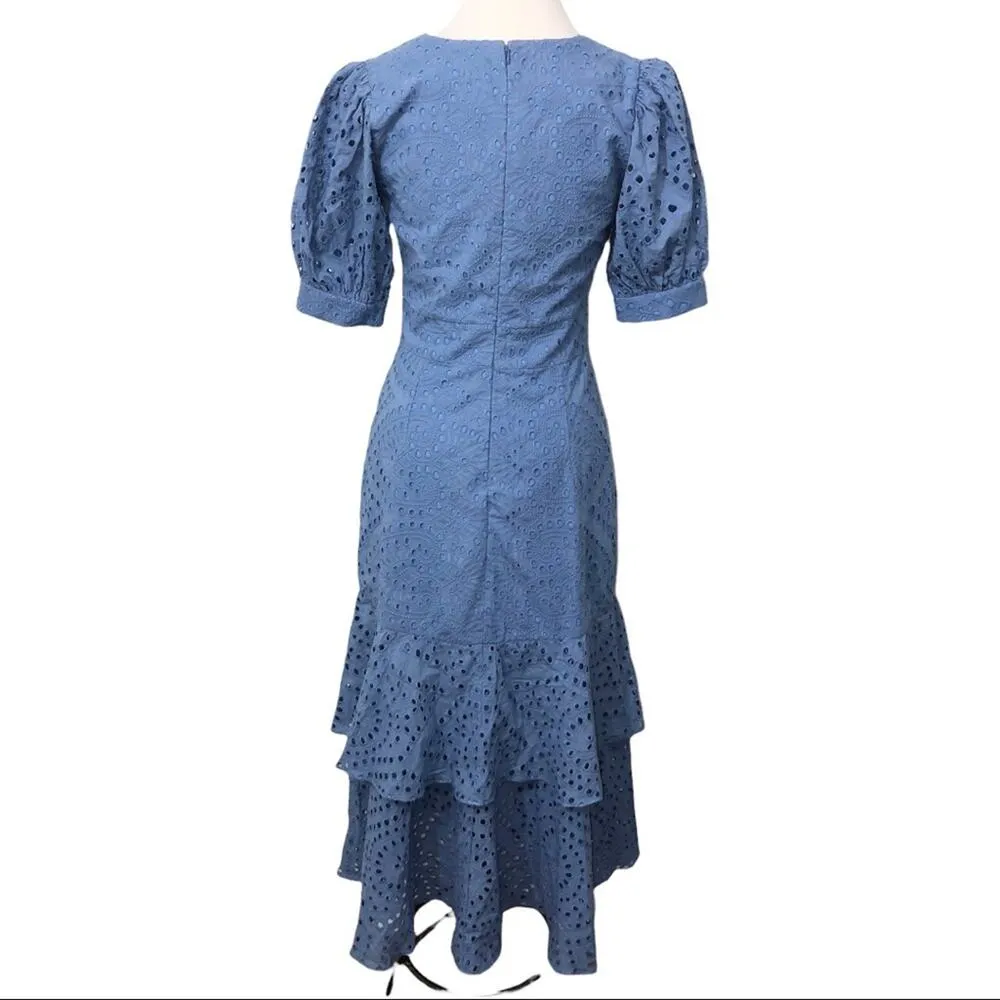 IORANE Laise Lace Midi Dress Blue Eyelet Tiered Ruffle Short Sleeve Dress Small - Image 6